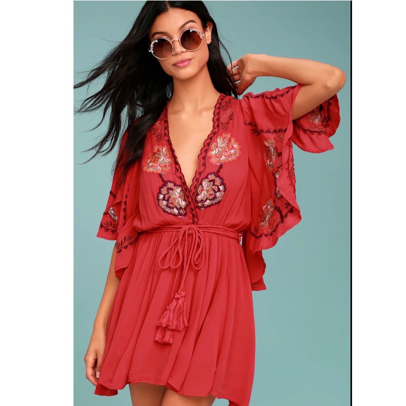 Free People Cora Red Embroidered V-Neck Flutter Sleeve Mini Dress Ob600169 Boho